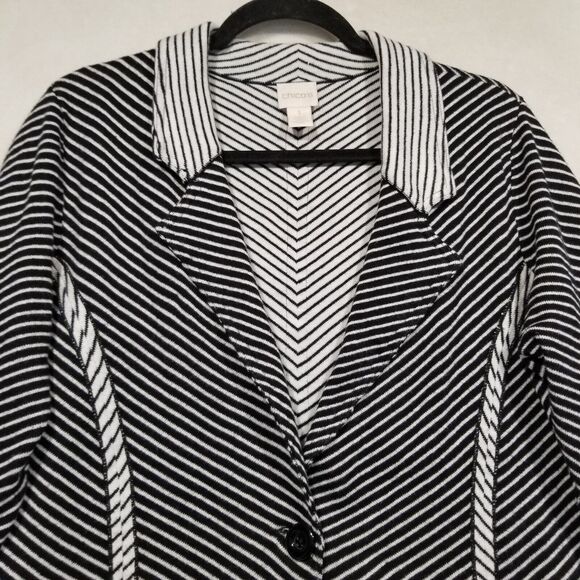 Chicos 1 US Medium Cardigan Sweater Blazer Cotton Silk Blend Black White Career - Picture 4 of 10